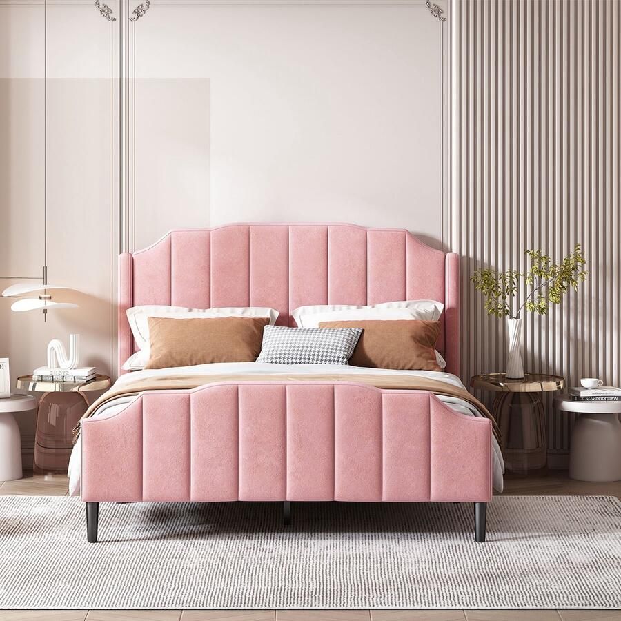 KOMHTOM Tweepersoonsbed 140x200 cm Bed volwassenen met hoofdbord voeteneind en lattenbodem Fluweel Roze