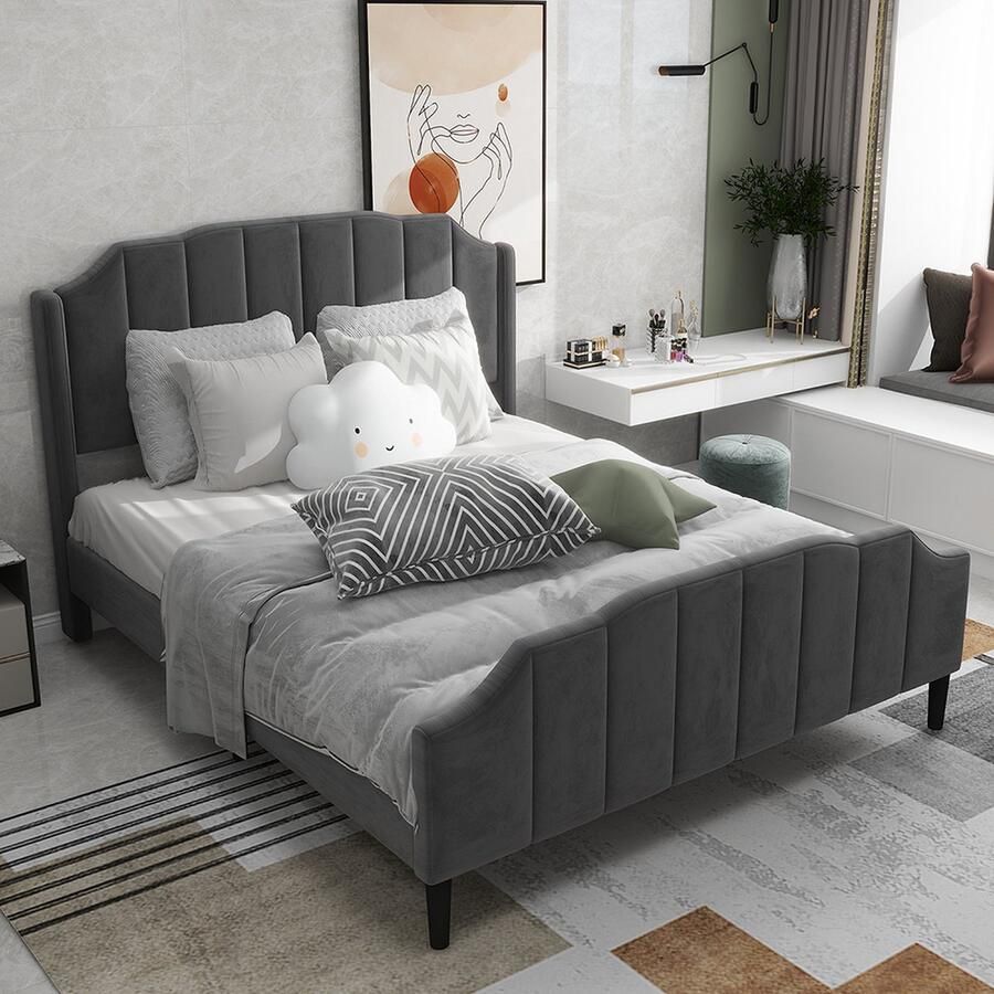 KOMHTOM Tweepersoonsbed 140x200 cm Bed volwassenen met hoofdbord voeteneind en lattenbodem Fluweel Grijs