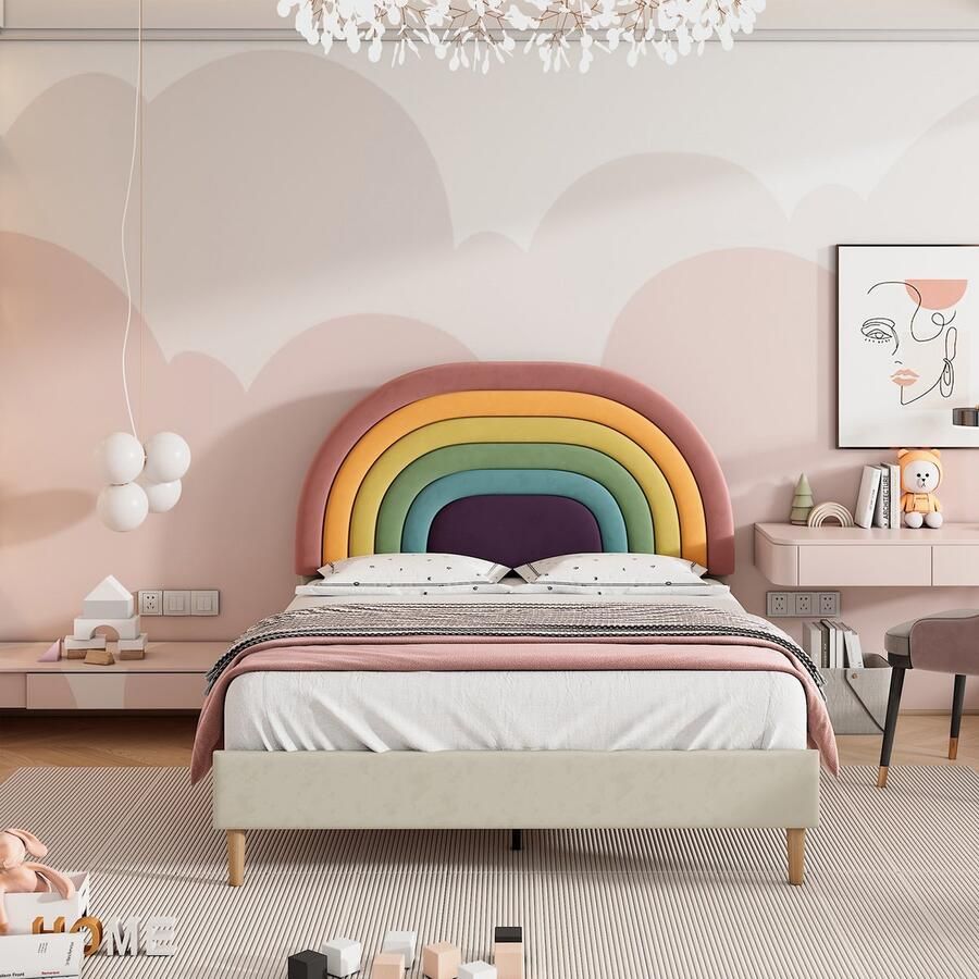 KOMHTOM Tweepersoonsbed 140x200 cm Bed volwassenen met lattenbodem en hoofdbord In hoogte verstelbaar hoofdbord fluweel gebroken wit