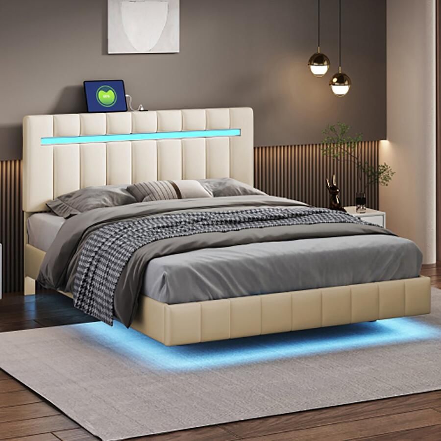 KOMHTOM Tweepersoonsbed 140x200 cm Bed voor volwassenen Gestoffeerd bed met LED-verlichting en beige