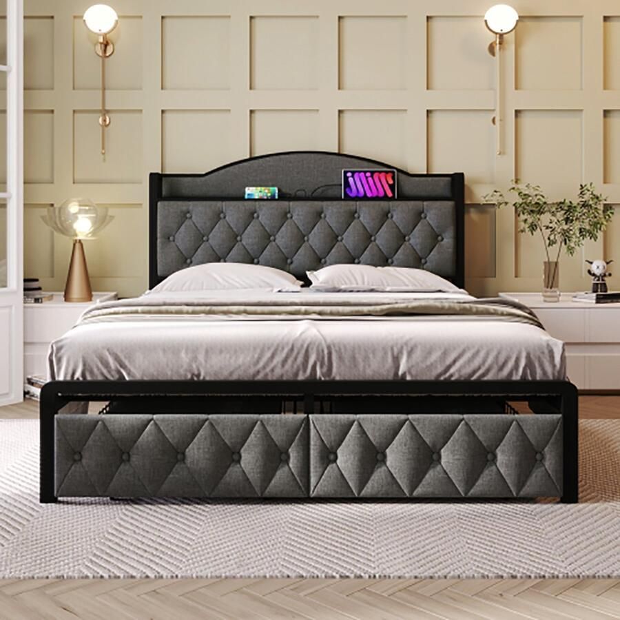 KOMHTOM Tweepersoonsbed 140x200 cm Bed voor volwassenen Gestoffeerd bed met opladen via USB Type C en laden Grijs