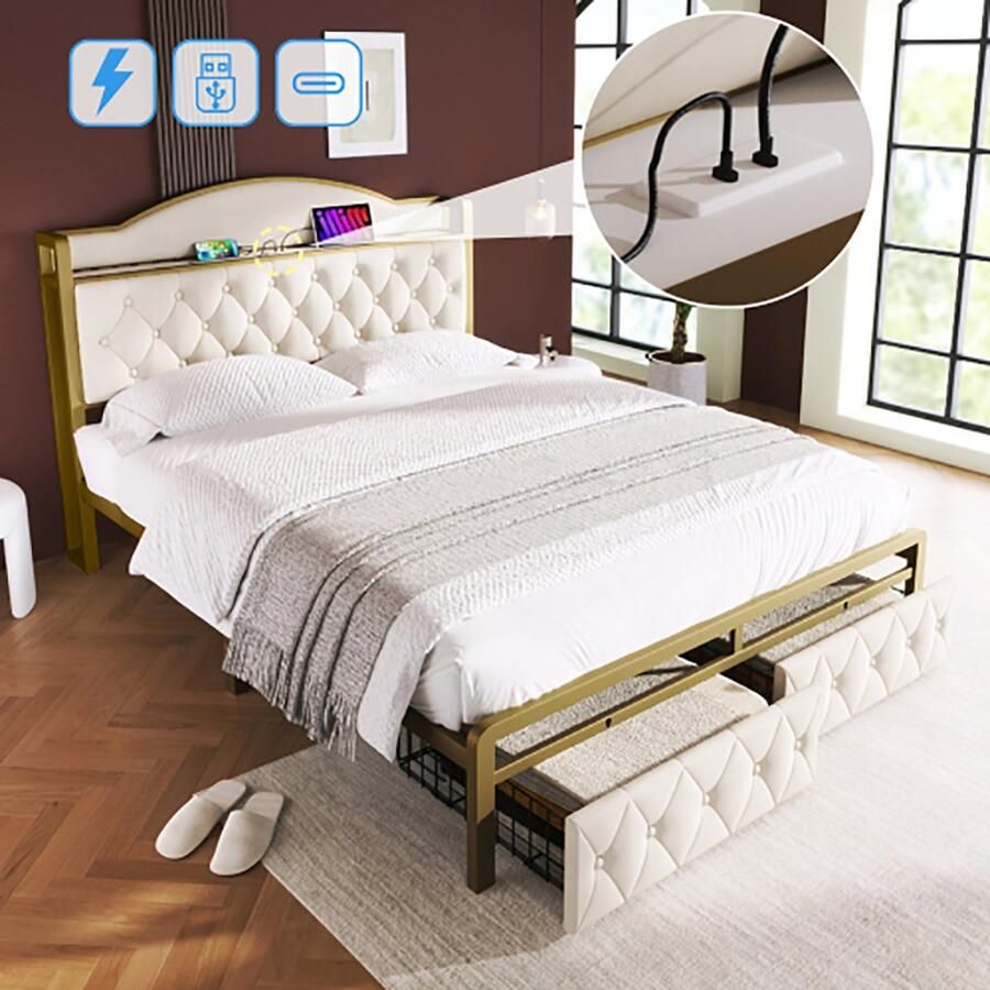 KOMHTOM Tweepersoonsbed 140x200 cm Bed voor volwassenen Gestoffeerd bed met opladen via USB Type C en laden Licht beige