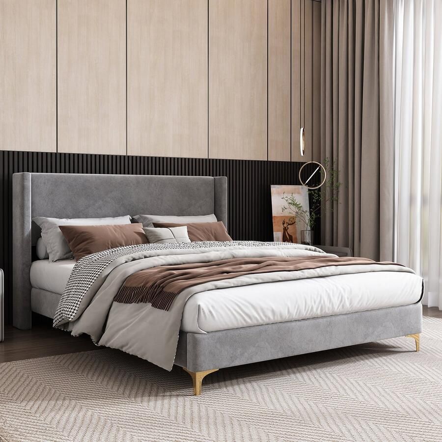 KOMHTOM Tweepersoonsbed 140x200 cm Bed voor volwassenen Gestoffeerd hoofdeinde Fluweel Grijs