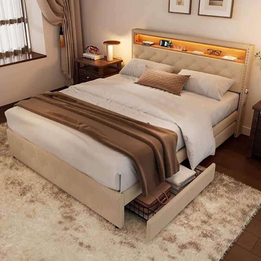 KOMHTOM Tweepersoonsbed 140x200 cm Bed voor volwassenen LED bed USB-interface met 4 laden beige linnen