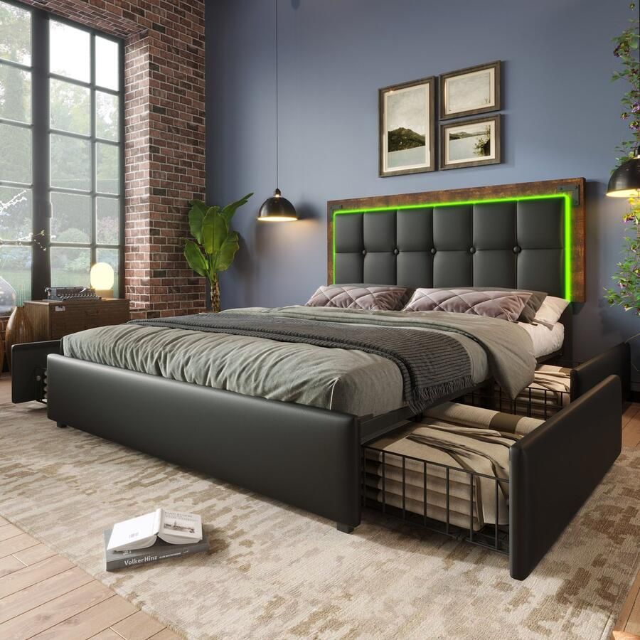 KOMHTOM Tweepersoonsbed 140x200 cm Bed voor volwassenen met LED-lichtlijst en 4 laden In hoogte verstelbaar hoofdeinde Zwart PU