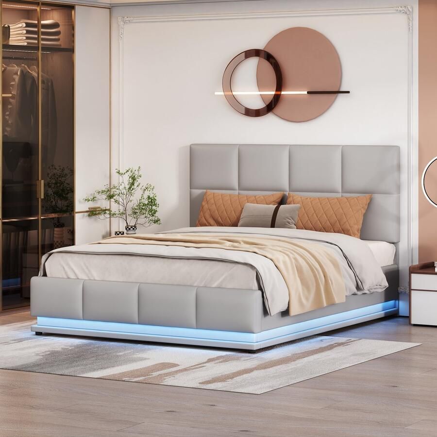 KOMHTOM Tweepersoonsbed 140x200 cm Commodebed met LED Gestoffeerd hoofdeinde met verstelbare hoogte Grijs