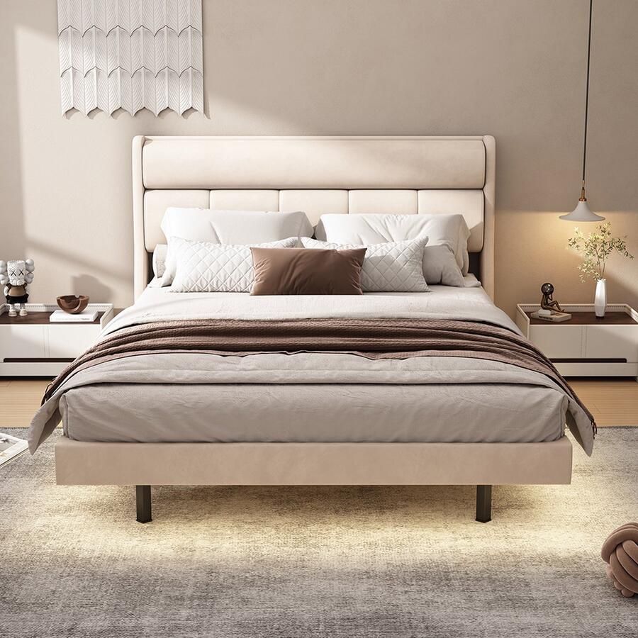 KOMHTOM Tweepersoonsbed 140x200 cm gestoffeerd bed met sensorlampje warme stoffering beige