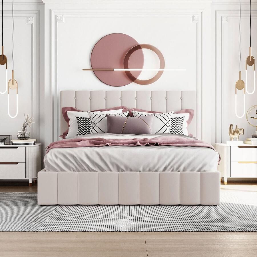 KOMHTOM Tweepersoonsbed 140x200 cm met hydraulische bedopslag in hoogte verstelbaar gestoffeerd hoofdbord crème wit