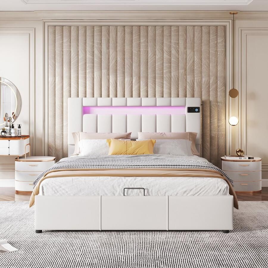 KOMHTOM Tweepersoonsbed 140x200 cm met LED-stripverlichting Bluetooth-speler en USB-oplader opbergruimte in hydraulisch hefbed beige