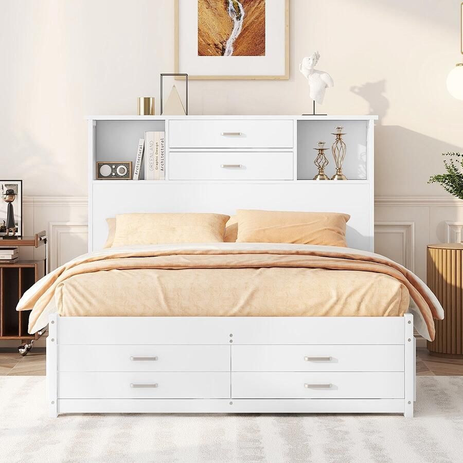 KOMHTOM Tweepersoonsbed 140x200 cm plat bed met acht laden en twee opbergvakken wit