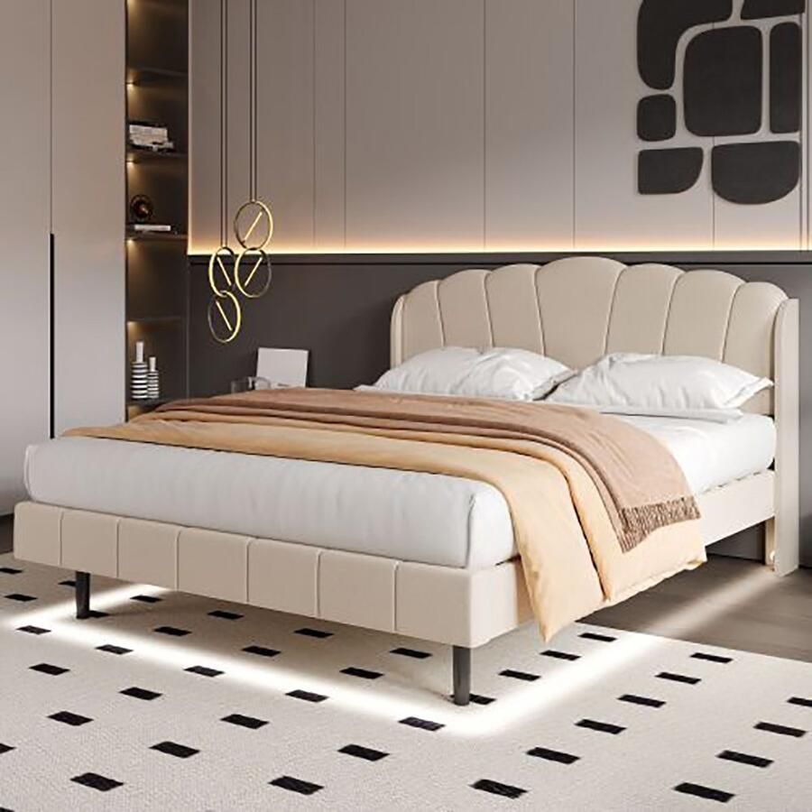 KOMHTOM Tweepersoonsbed 140x200 cm volwassenen Bed met gevoelige LED-verlichting en voetjes beige