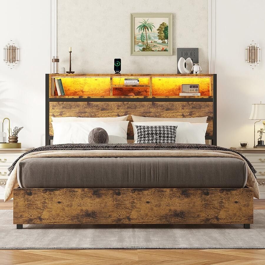 KOMHTOM Tweepersoonsbed 140x200 cm Volwassenen kistbed kleur LED sfeerverlichting grote opbergruimte bruine