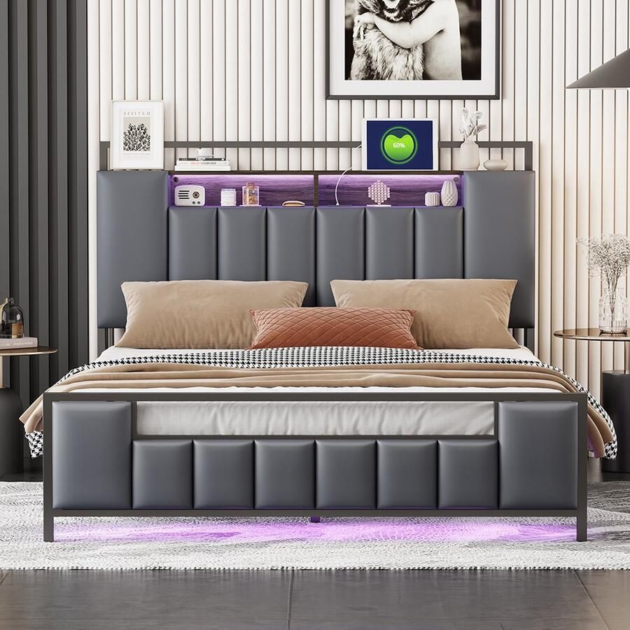 KOMHTOM Tweepersoonsbed 140x200 cm Volwassenenbed met LED verlichting vol ijzeren bedframe grijs