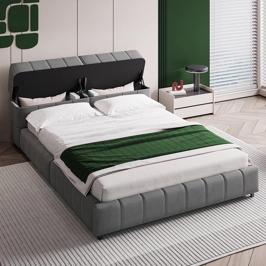 KOMHTOM Tweepersoonsbed 140x200 cm Volwassenenbed Openklapbaar en afsluitbaar hoofdbord met opbergruimte Grijs