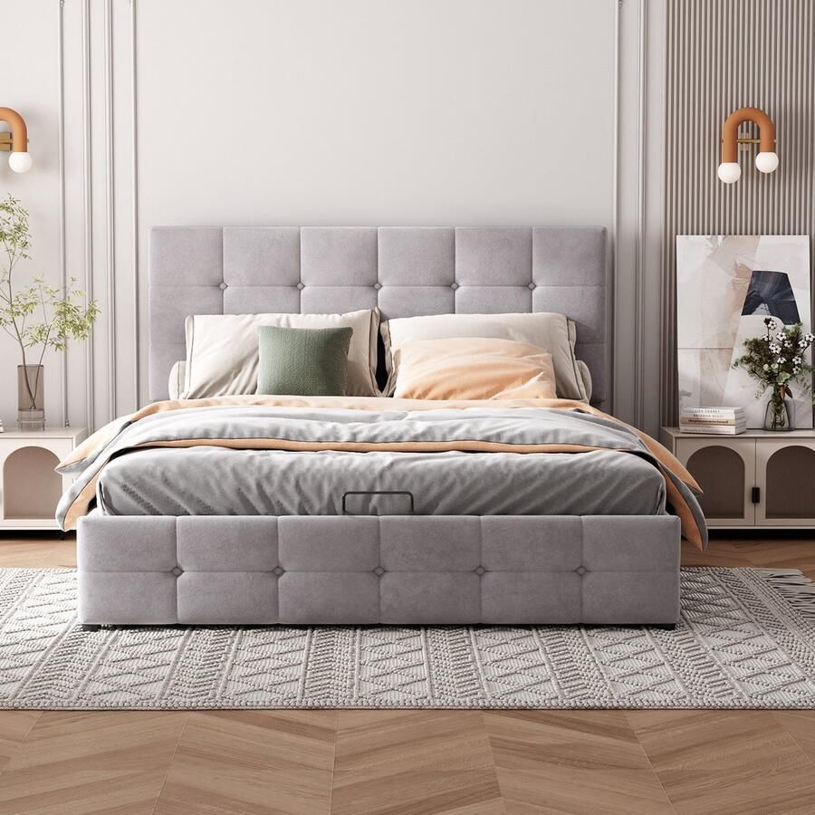 KOMHTOM Tweepersoonsbed 140x200 cm Volwassenenbed voor jongeren In hoogte verstelbaar gestoffeerd hoofdeinde Slaapbank grijs