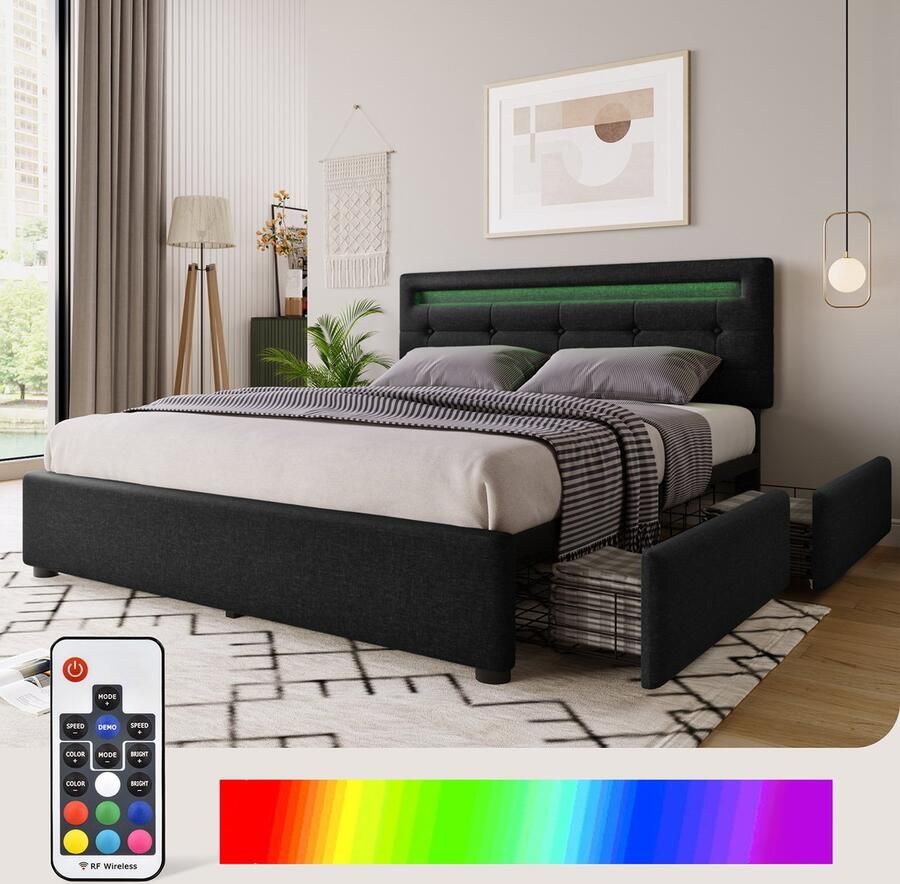 KOMHTOM Tweepersoonsbed 140x200cm Bed met laden In hoogte verstelbaar met LED-verlichting en 4 laden Zwart