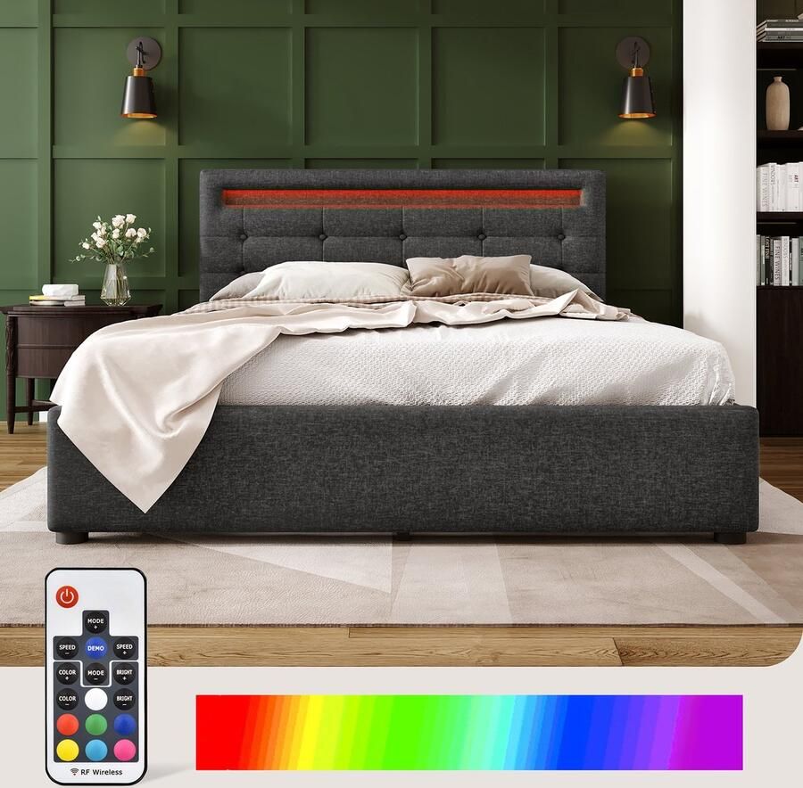 KOMHTOM Tweepersoonsbed 140x200cm Bed met 4 laden in hoogte verstelbaar hoofdeinde met LED-verlichting Grijs Met matras