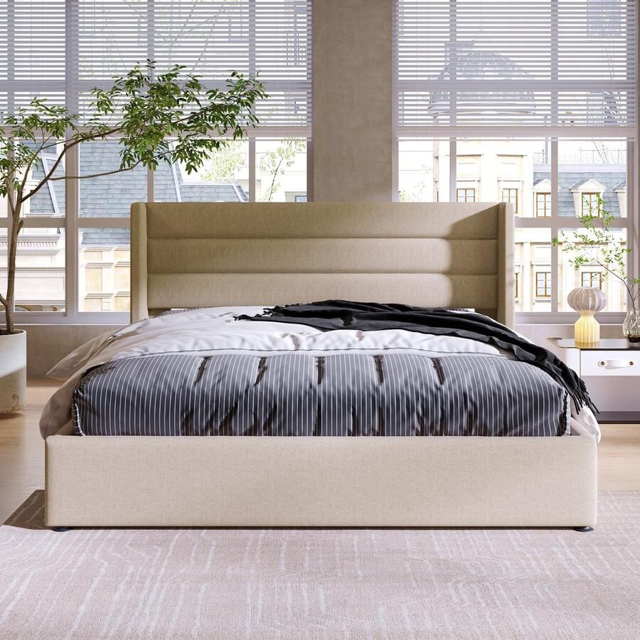 KOMHTOM Tweepersoonsbed 140x200cm Bed met metalen lattenbodem Commode bed Opbergbed Hydraulisch met matras beige