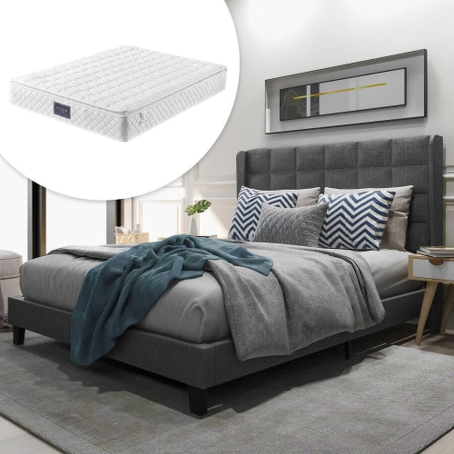 KOMHTOM Tweepersoonsbed 140x200cm Bed volwassenen Modern bed met gestoffeerd hoofdeinde Grijs met matras