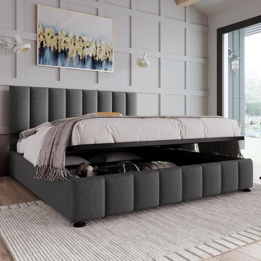 KOMHTOM Tweepersoonsbed 140x200cm Chest bed Linnen Moderne bedombouw met grote opbergruimte Grijs