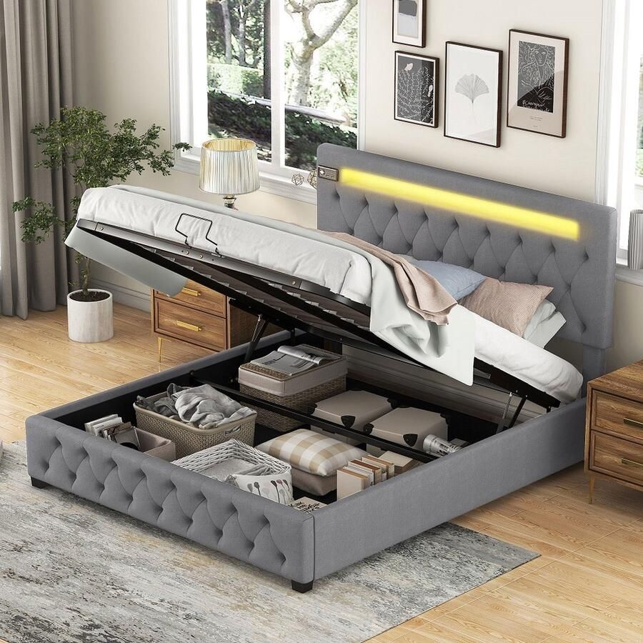 KOMHTOM Tweepersoonsbed 140x200cm USB-lader Bluetooth-speler en LED-verlichting met opslag Verstelbaar hoofdeinde Grijs