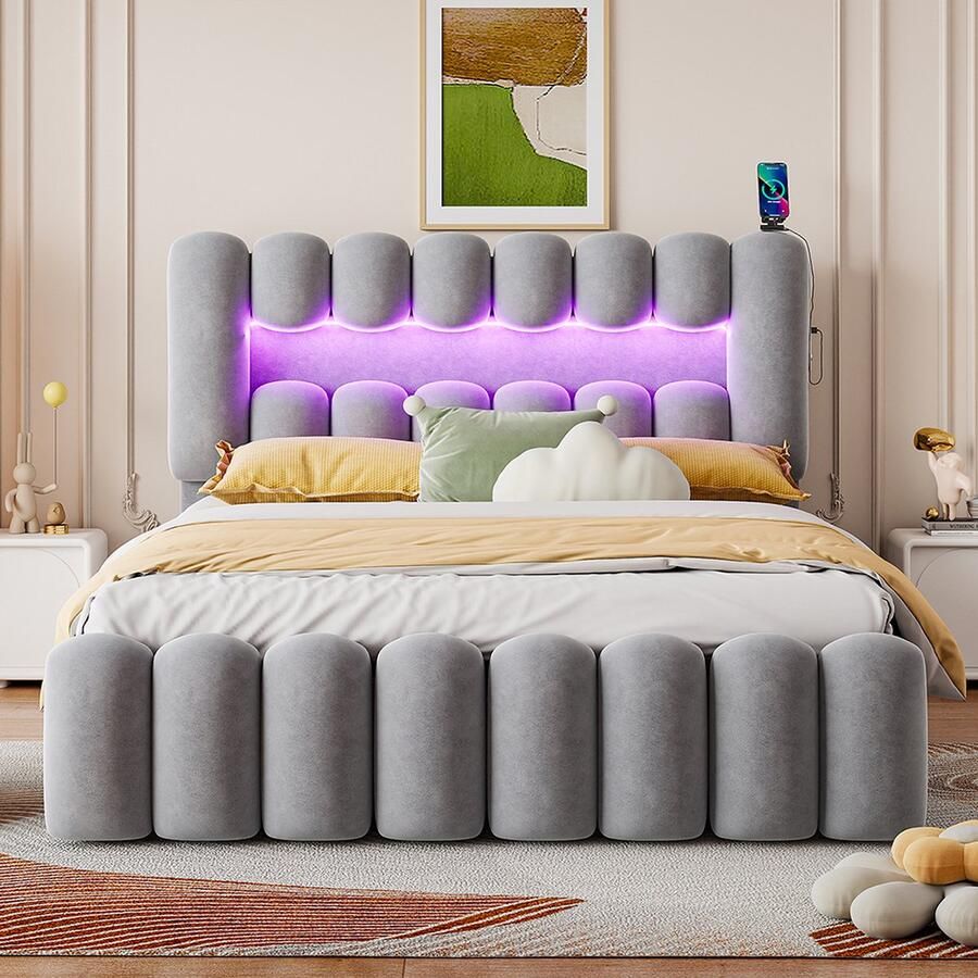 KOMHTOM Tweepersoonsbed 160 x 200 cm met 4 laden LED-lichtlijst USB en stereo-installatie Fluweel Grijs