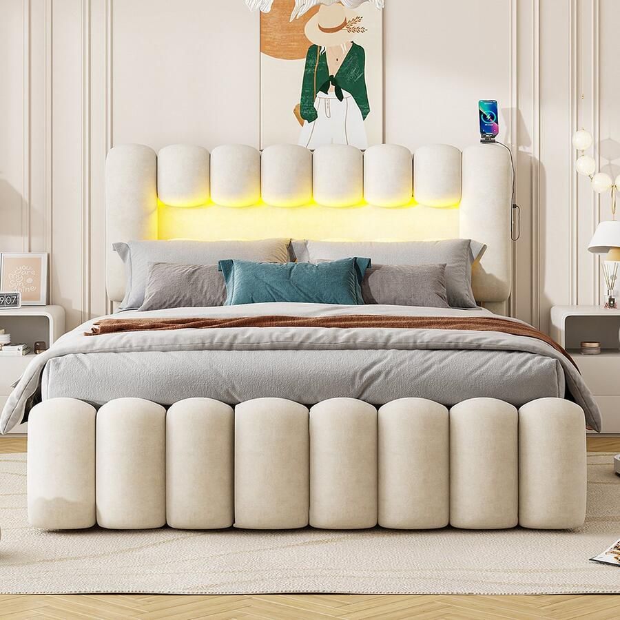 KOMHTOM Tweepersoonsbed 160 x 200 cm met 4 laden LED-lichtlijst USB en stereo-installatie Fluweel Beige