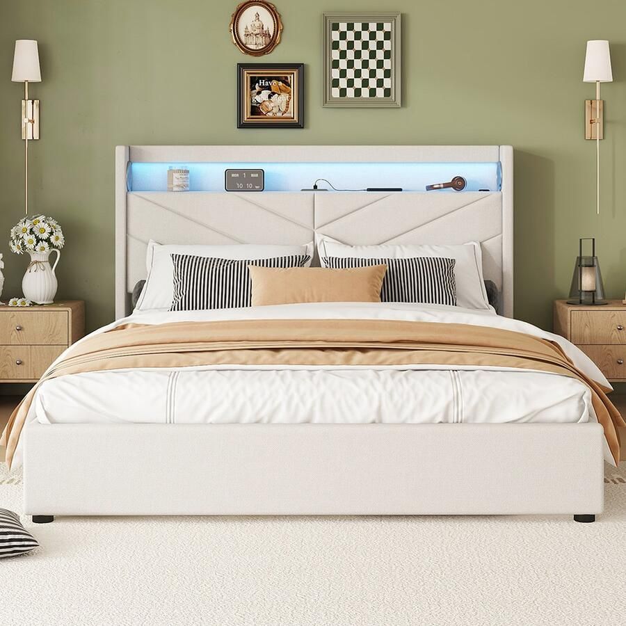 KOMHTOM Tweepersoonsbed 160 x 200 cm Sfeerverlichting met afstandsbediening Hydraulisch Bed Met USB en stereo-installatie Linnen Beige