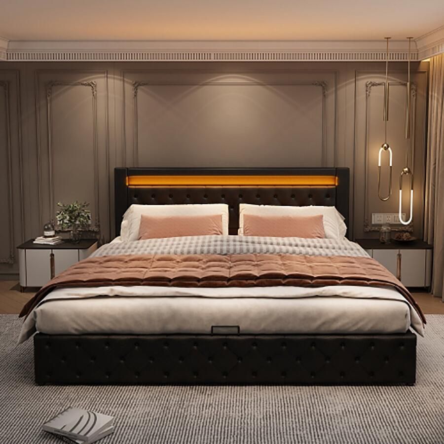 KOMHTOM Tweepersoonsbed 160x200 cm Bed voor volwassenen met LED-verlichting opbergvak PU zwart