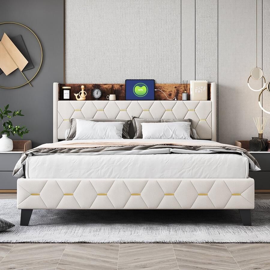 KOMHTOM Tweepersoonsbed 160x200 cm Bed voor volwassenen opbergruimte aan hoofdeinde met USB-aansluiting fluweel Beige