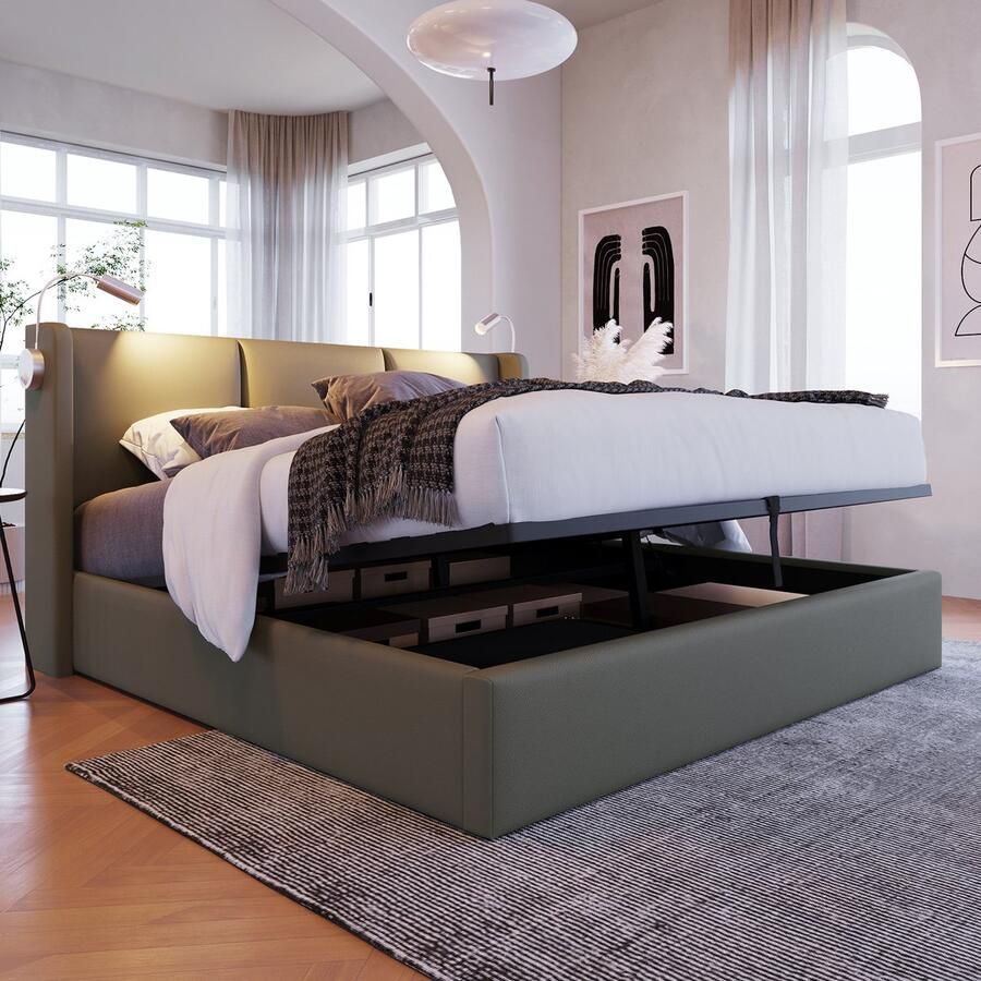 KOMHTOM Tweepersoonsbed 140x200 cm Commode bed Gestoffeerd bed met laden en USB-oplader