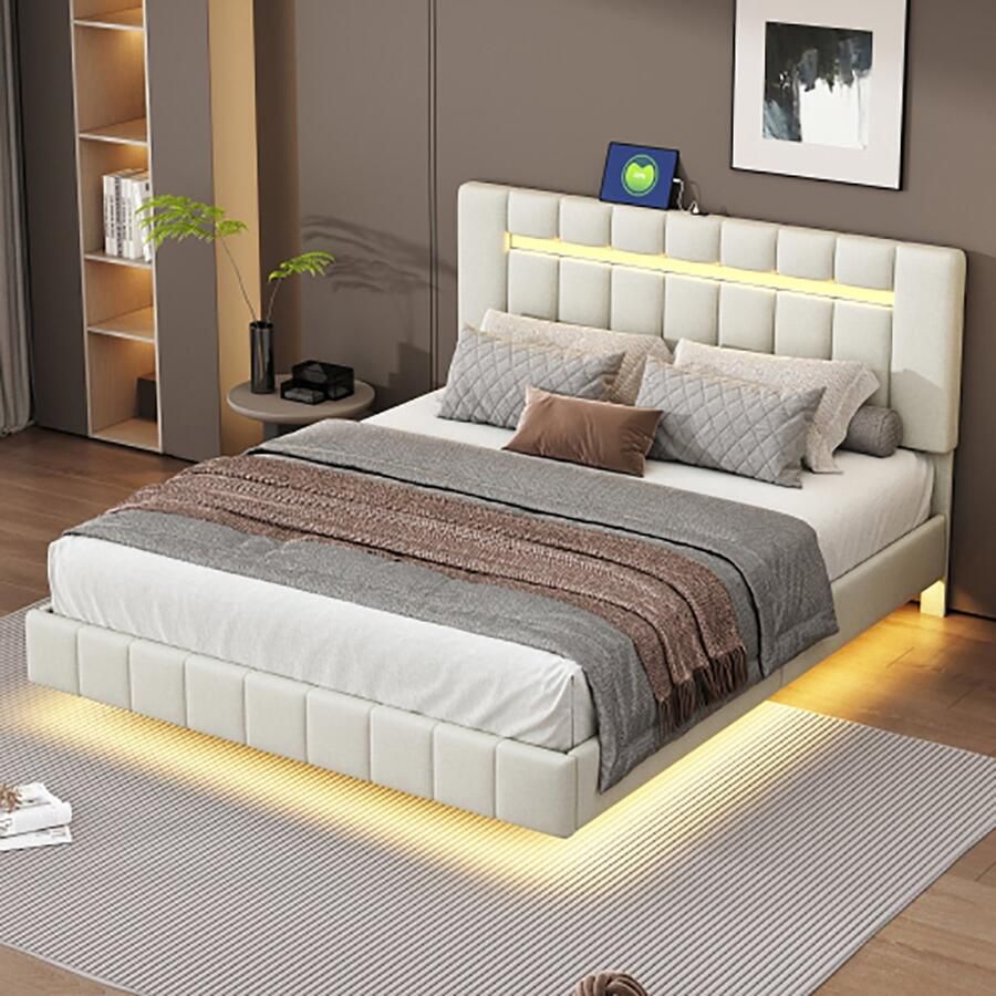 KOMHTOM Tweepersoonsbed 160x200 cm gestoffeerd zwevend bedframe met LED-verlichting vlak tweepersoons logeerbed in huidvriendelijk beige linnen