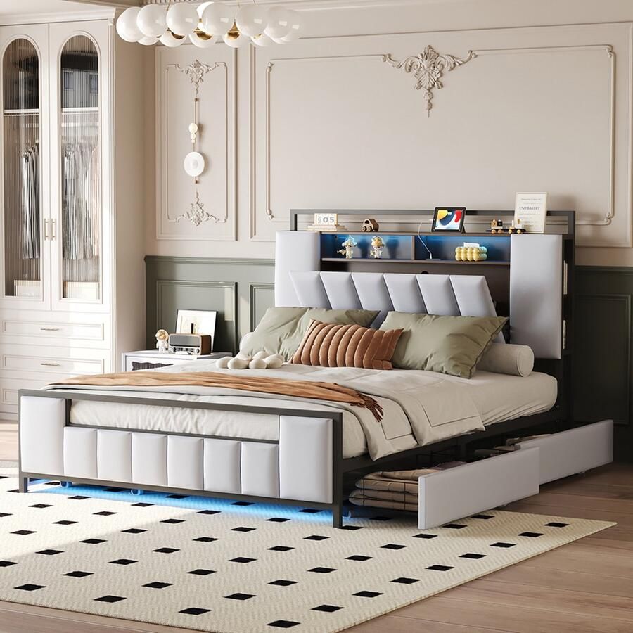 KOMHTOM Tweepersoonsbed 140x200 cm multifunctioneel bed met LED-verlichting met USB-aansluiting met laden beige