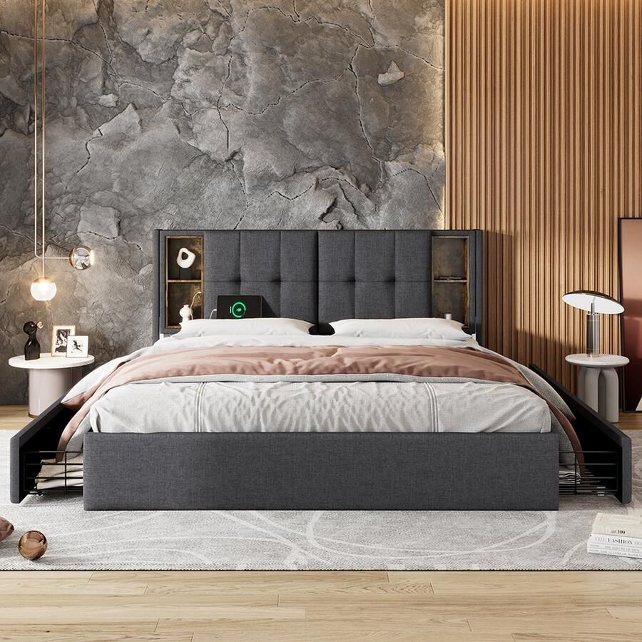 KOMHTOM Tweepersoonsbed 160x200cm Volwassenen Bed met 4 lades fluwelen Gris