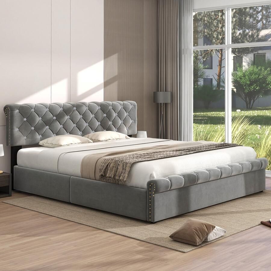 KOMHTOM Tweepersoonsbed 180x200 cm Beddenkast Bed voor tieners met in hoogte verstelbaar hoofdeinde Grijs