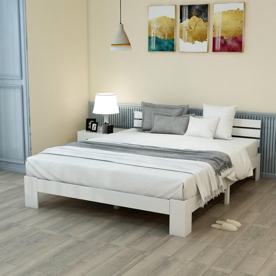 Sweiko Houten bed Tweepersoonsbed van bedframe met hoofdeinde met lattenbod-140*200 cm Massief hout Tweepersoonsbed bruikbaar als dennenbed