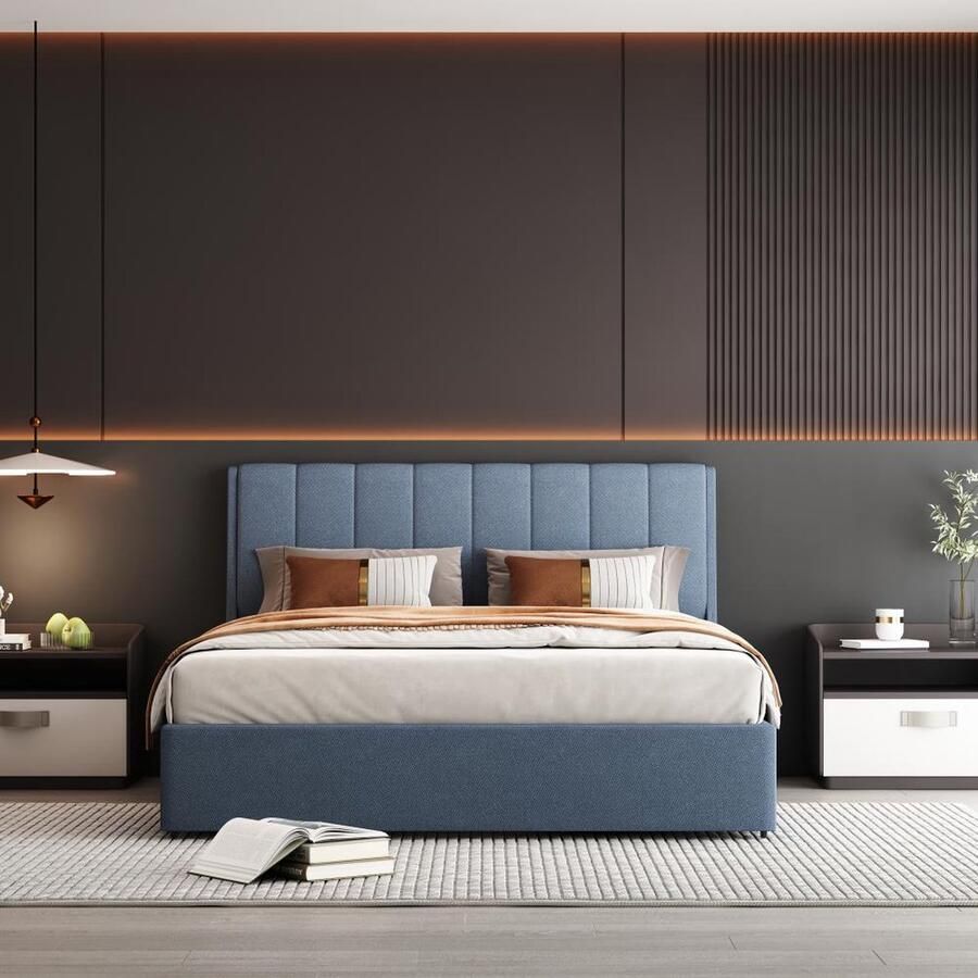 KOMHTOM Tweepersoonsbed Bed 140x200 cm met laden Gestoffeerd bed Hoge rugleuning Hoofdbord voor volwassenen en tieners Blauw