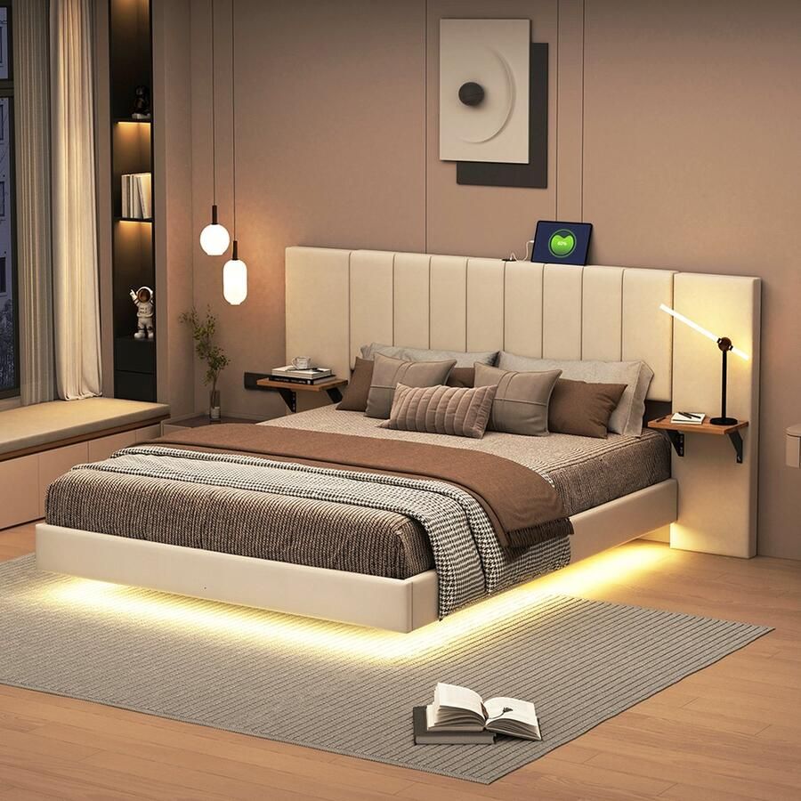 KOMHTOM Tweepersoonsbed bed 140x200 cm Verborgen voeteneind met opbergruimte aan de zijkant LED-verlichting Linnen Beige