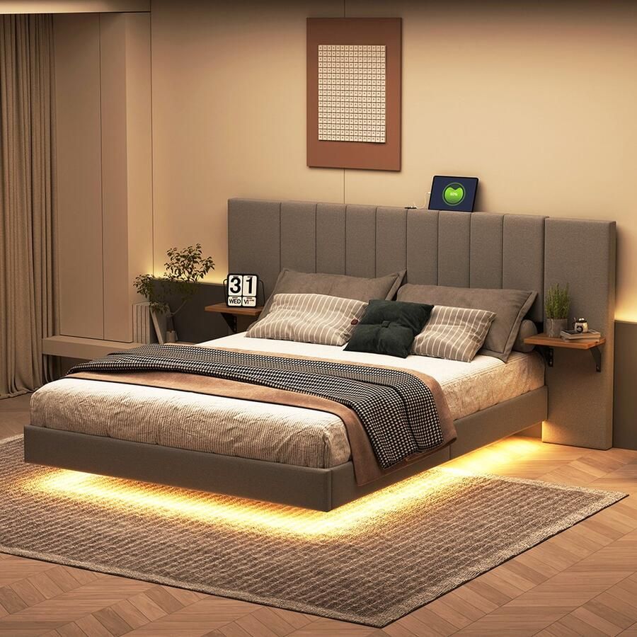 KOMHTOM Tweepersoonsbed bed 140x200 cm Verborgen voeteneind met opbergruimte aan de zijkant LED-verlichting Linnen Grijs
