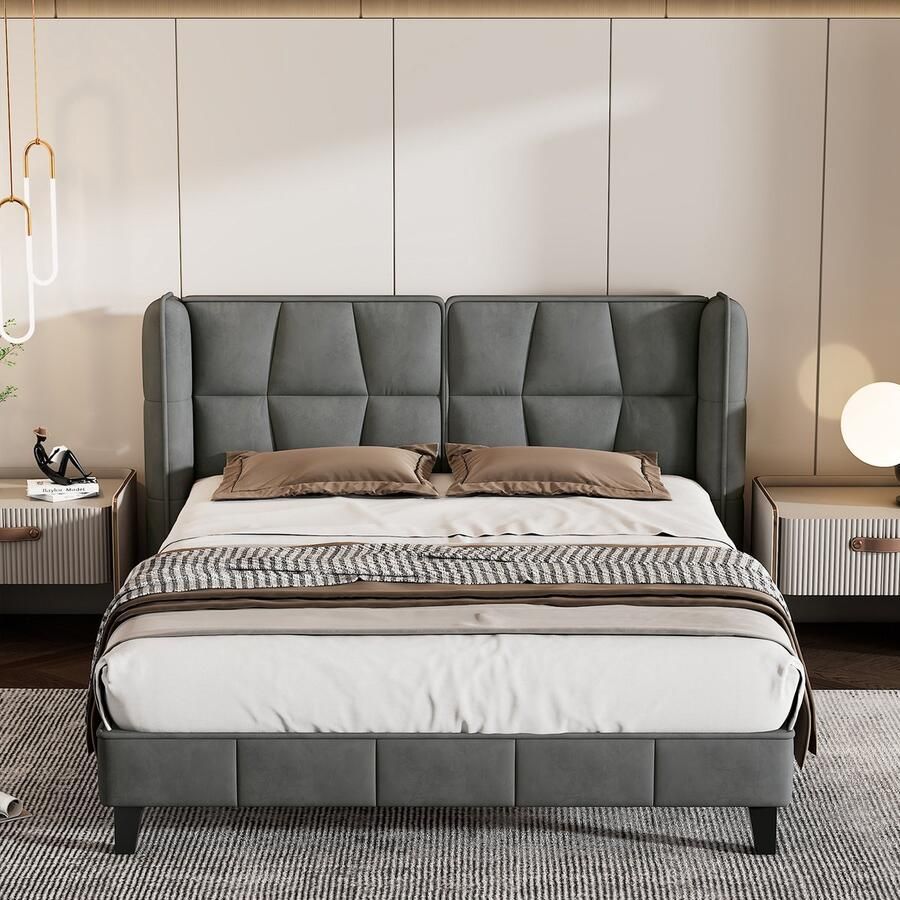 KOMHTOM Tweepersoonsbed Bed 140x200 Gestoffeerd bed met lattenbodem en hoofdeinde houten lattenbodems grijs