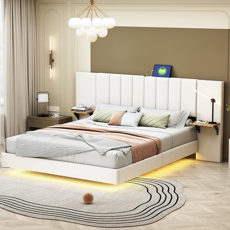 KOMHTOM Tweepersoonsbed bed 160x200 cm Verborgen voeteneind met opbergruimte aan de zijkant LED-verlichting Linnen Beige