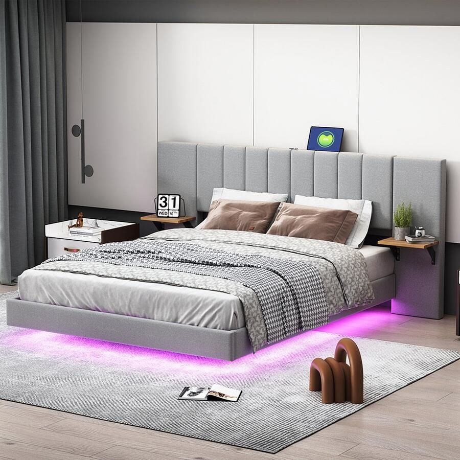 KOMHTOM Tweepersoonsbed bed 160x200 cm Verborgen voeteneind met opbergruimte aan de zijkant LED-verlichting Linnen Grijs