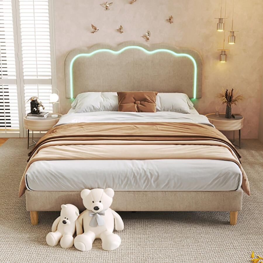 KOMHTOM Tweepersoonsbed Bed LED volwassenen 140x200 cm met lattenbodem en verstelbaar hoofdeinde gestoffeerd bed beige