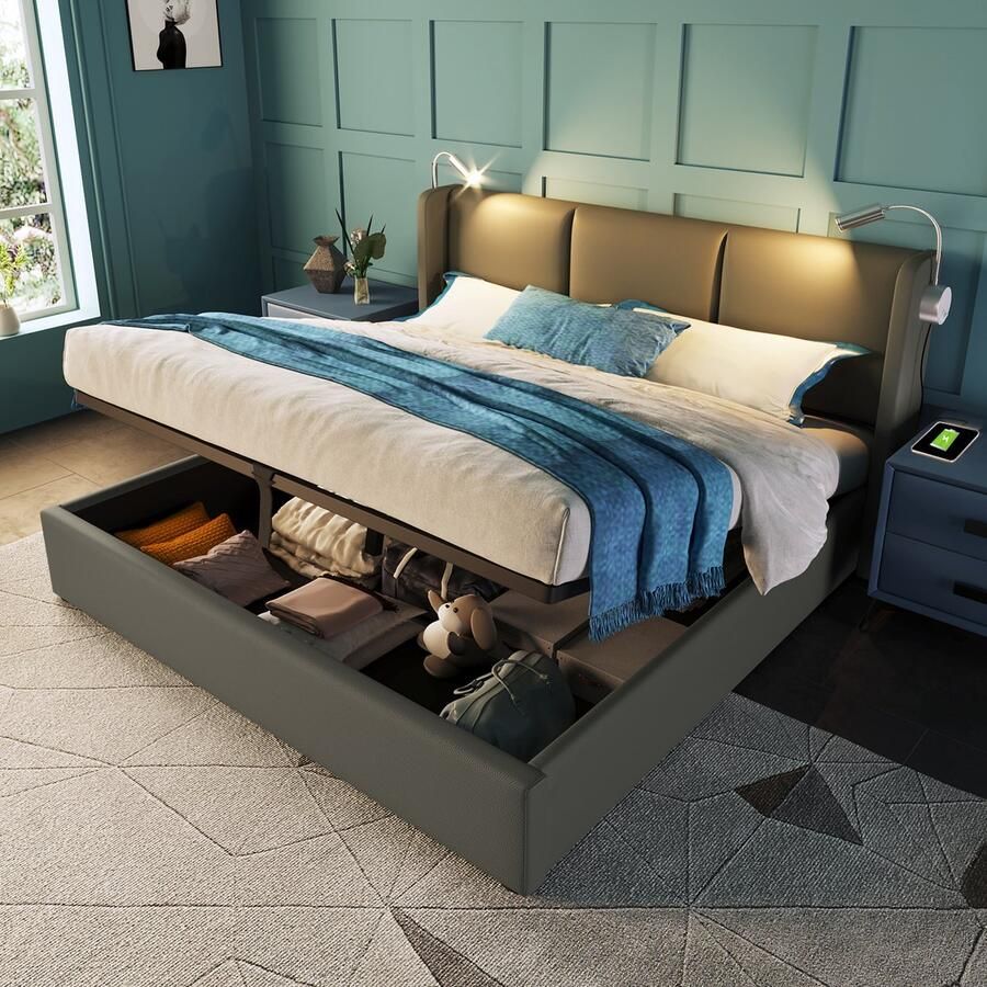 KOMHTOM Tweepersoonsbed Chest bed 160x200 cm Gestoffeerd bed Opslag bed laden in PU Donkergrijs