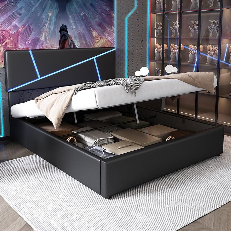 KOMHTOM Tweepersoonsbed Chest bed 160x200 cm Verstelbaar hoofdeinde met opbergruimte en LED-lichtbalken Zwart