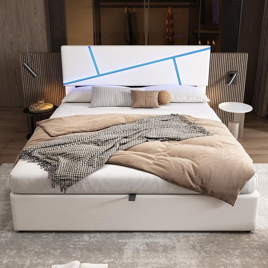 KOMHTOM Tweepersoonsbed Chest bed 180x200 cm Verstelbaar hoofdeinde met opbergruimte en LED-lichtbalken Wit