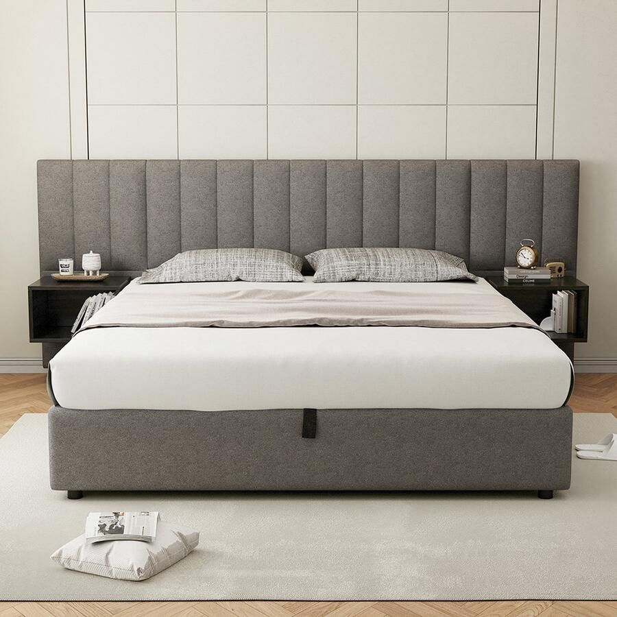 KOMHTOM Tweepersoonsbed Gestoffeerd bed 160 x 200 cm hydraulisch bed met twee nachtkastjes met opbergruimte linnen grijs + zwart