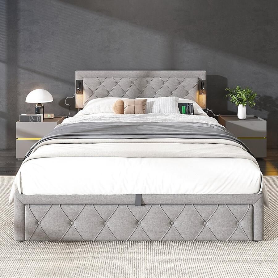 KOMHTOM Tweepersoonsbed Gestoffeerd bed 160x200 met downlight USB-aansluiting opbergbed houten latten linnen grijs