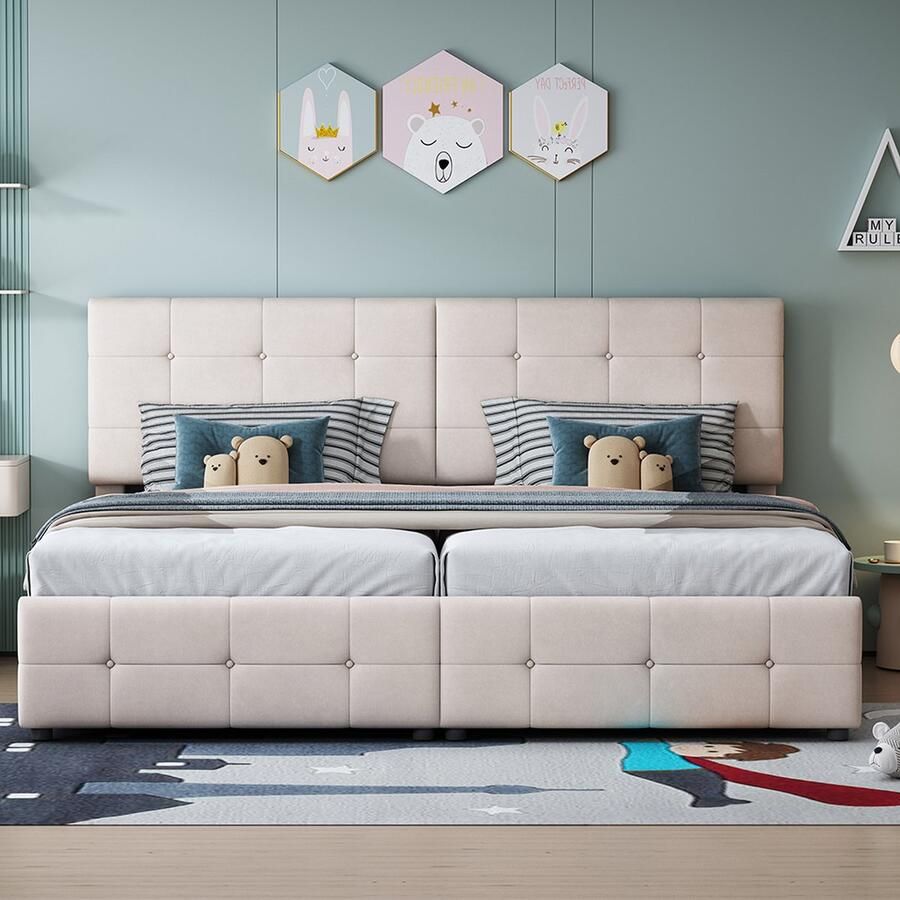 KOMHTOM Tweepersoonsbed Gestoffeerd bed 180x200 cm Hydraulisch opbergbed Zachte fluwelen Beige