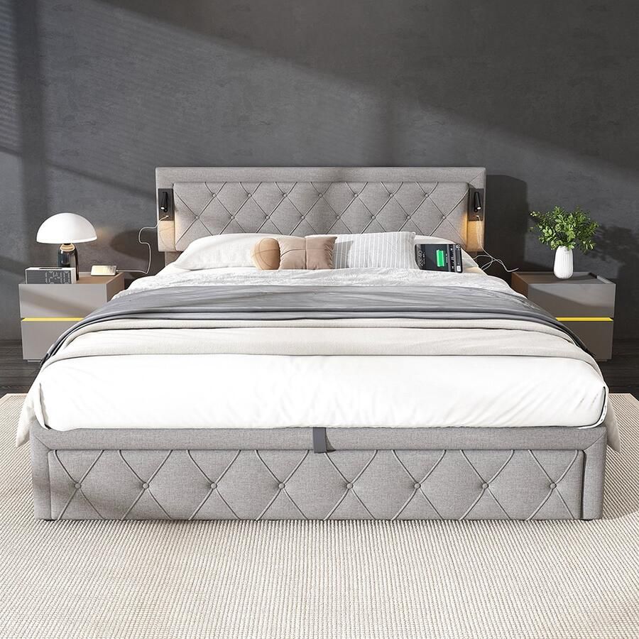 KOMHTOM Tweepersoonsbed Gestoffeerd bed 180x200 met downlight USB-aansluiting opbergbed houten latten linnen grijs